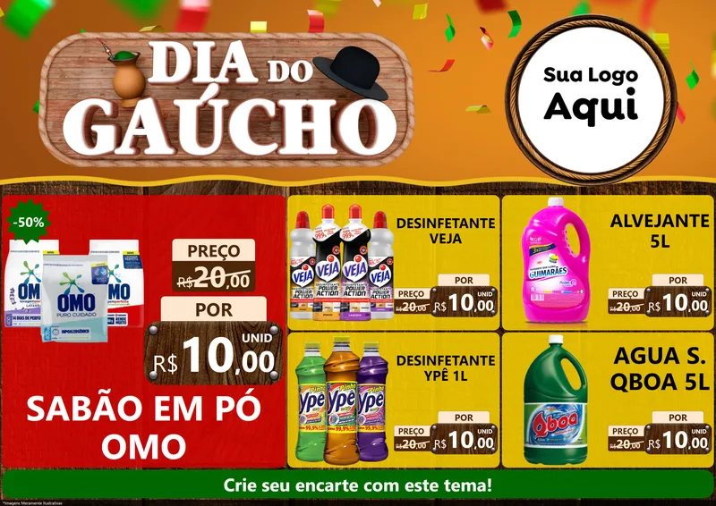 Modelo de Encarte para Encarte A4 Horizontal com o tema Dia do Gaúcho para Produtos de Limpeza
