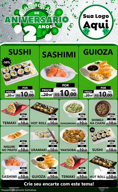 Modelo de Encarte para Encarte Grande com o tema Promoção de Aniversário - 2 Anos para Comida japonesa