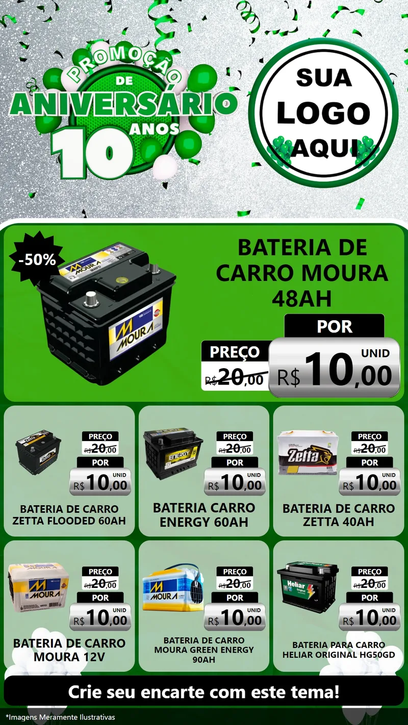 Modelo de Rede Social para Stories com o tema Promoção de Aniversário - 10 Anos para Baterias Elétricas