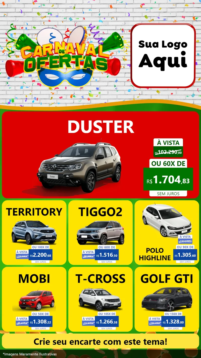 Modelo de Rede Social para Stories com o tema Carnaval de Ofertas para Concessionaria de Carros