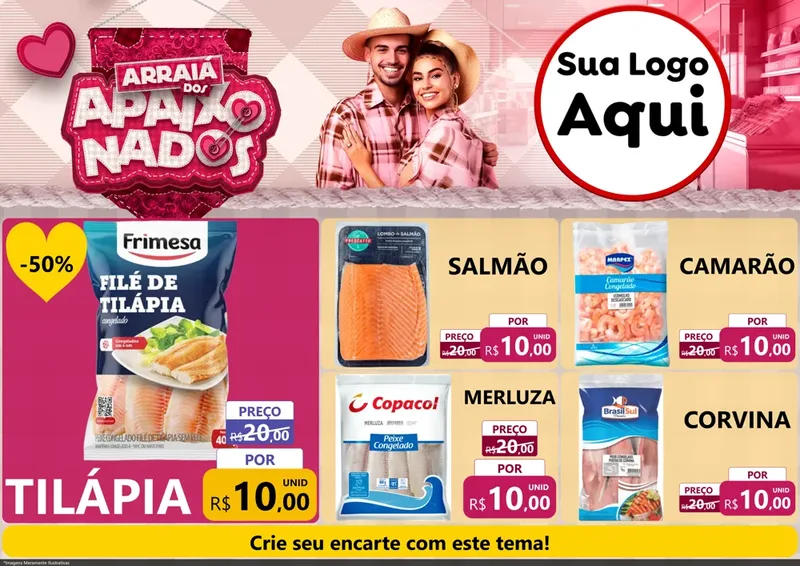 Modelo de Encarte para Encarte A4 Horizontal com o tema Arraiá dos Apaixonados - Junina para Peixaria