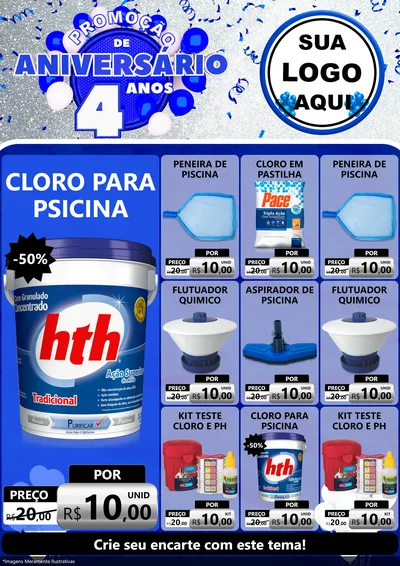 Modelo de Encarte para Encarte A4 Vertical com o tema Promoção de Aniversário - 4 Anos para Produtos para Piscina