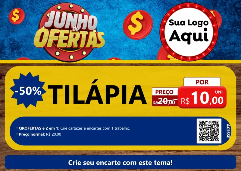 Modelo de Cartaz para Cartaz A4 Horizontal com o tema Junho de Ofertas para Peixaria