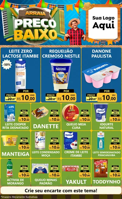 Modelo de Encarte para Encarte Grande com o tema Arraiá de Preço Baixo - Junina para Frios e Laticínios