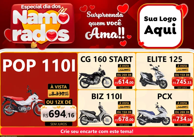 Modelo de Encarte para Encarte A4 Horizontal com o tema Especial Dia dos Namorados para Concessionaria de Motos