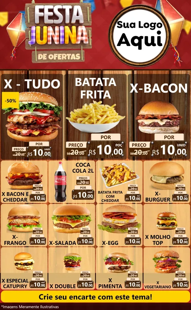Modelo de Encarte para Encarte Grande com o tema Festa Junina de Ofertas para Hamburgueria