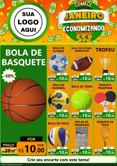 Modelo de Encarte para Encarte A4 Vertical com o tema Comece Janeiro Economizando para Artigos Esportivos