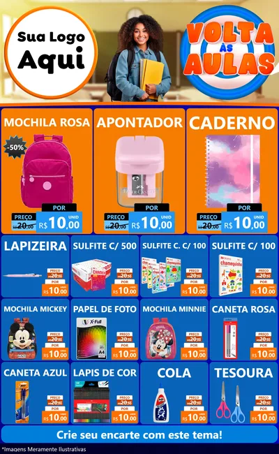 Modelo de Encarte para Encarte Grande com o tema Volta Às Aulas para Papelaria