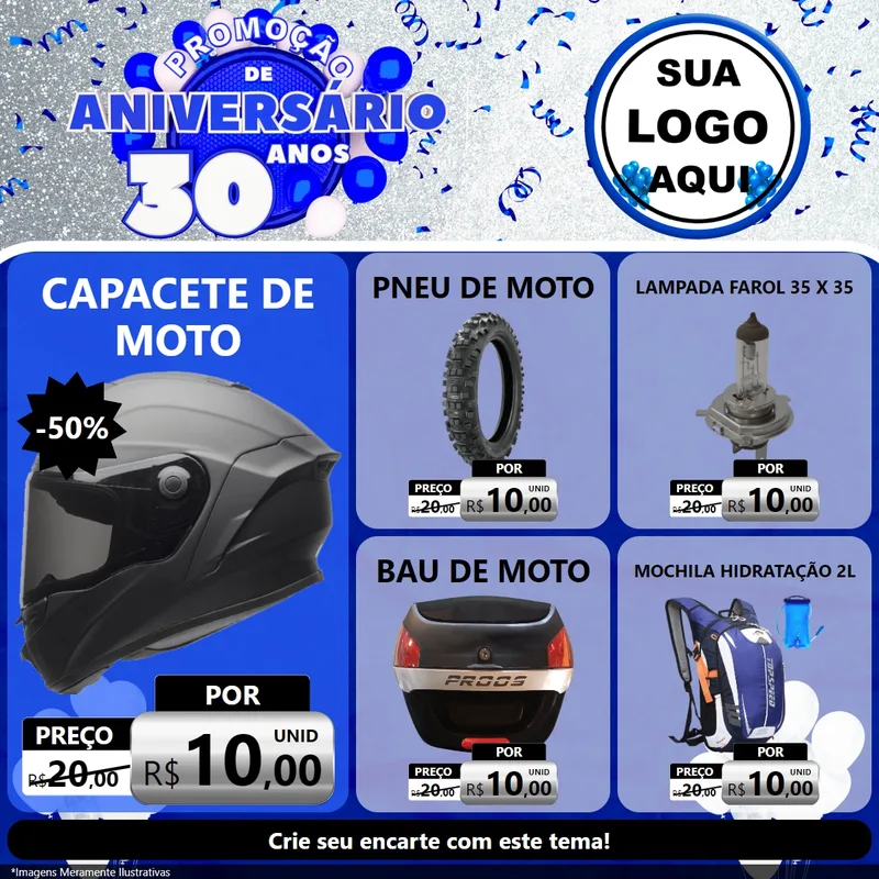 Modelo de Rede Social para Feed Facebook com o tema Promoção de Aniversário - 30 Anos para Moto peças