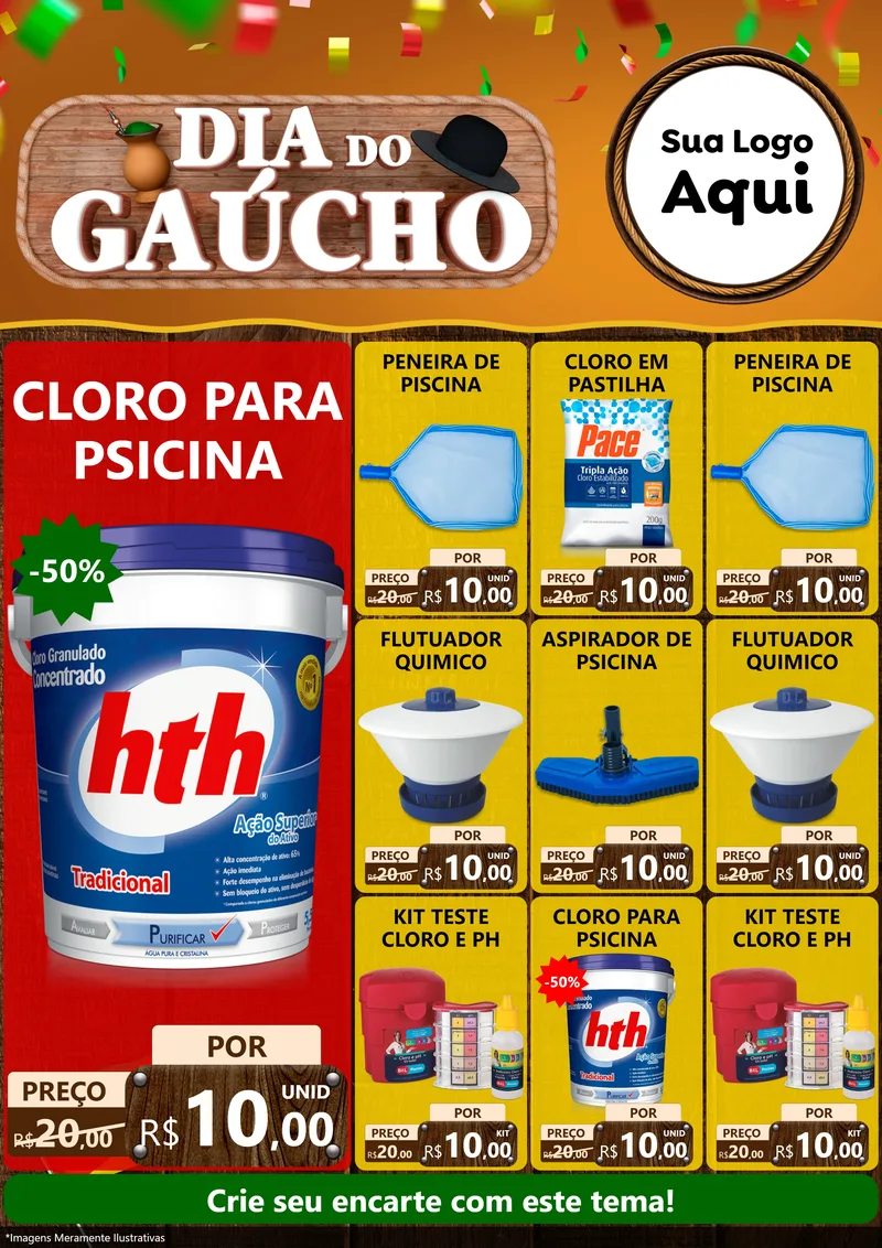 Modelo de Encarte para Encarte A4 Vertical com o tema Dia do Gaúcho para Produtos para Piscina