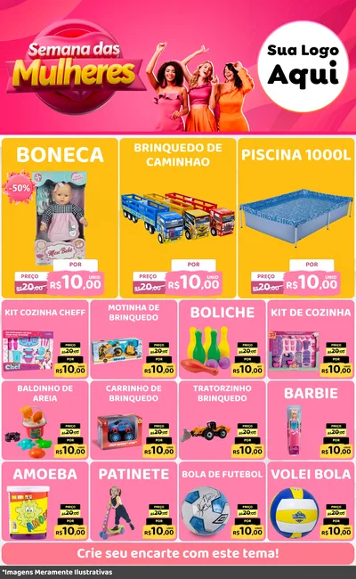 Modelo de Encarte para Encarte Grande com o tema Semana das Mulheres para Brinquedos