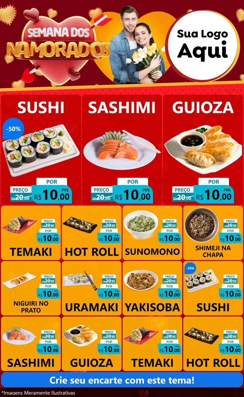 Modelo de Encarte para Encarte Grande com o tema Semana dos Namorados para Comida japonesa
