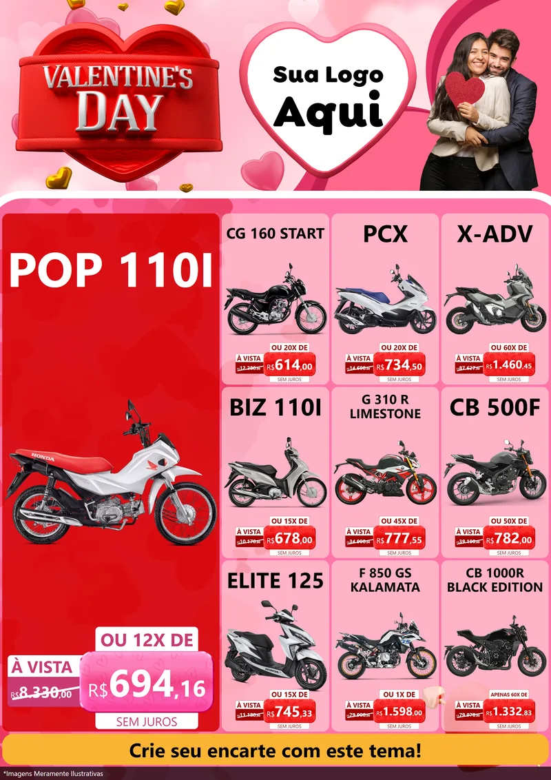 Modelo de Encarte para Encarte A4 Vertical com o tema Valentine's Day para Concessionaria de Motos