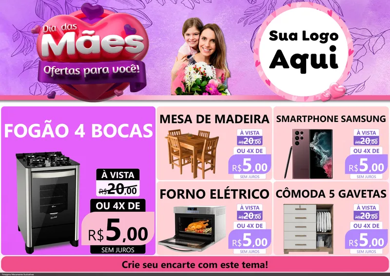 Modelo de Encarte para Encarte A4 Horizontal com o tema Dia das Mães Ofertas para Você! para Móveis e Eletro