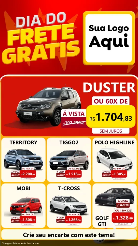 Modelo de Rede Social para Stories com o tema Dia do Frete Grátis para Concessionaria de Carros
