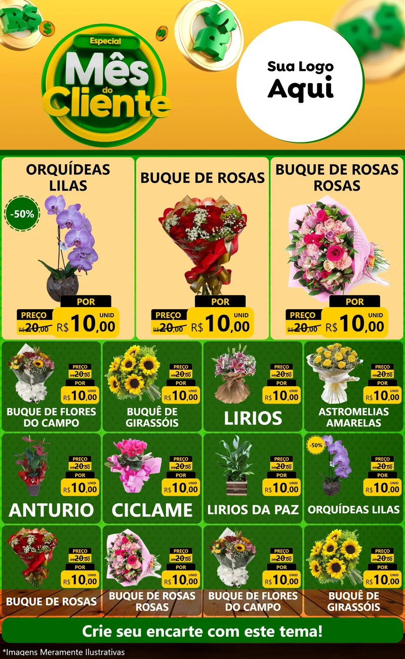 Modelo de Encarte para Encarte Grande com o tema Especial Mês do Cliente para Floricultura e jardim