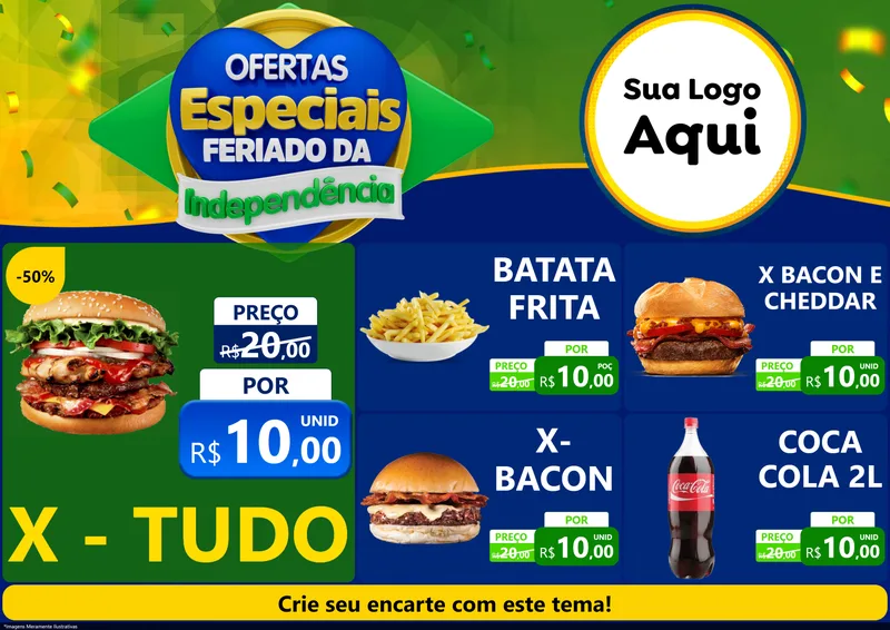 Modelo de Encarte para Encarte A4 Horizontal com o tema Ofertas Especiais Feriado da Independência para Hamburgueria