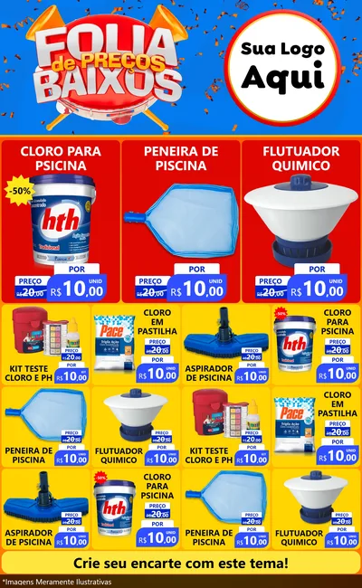 Modelo de Encarte para Encarte Grande com o tema Folia de Preços Baixos para Produtos para Piscina