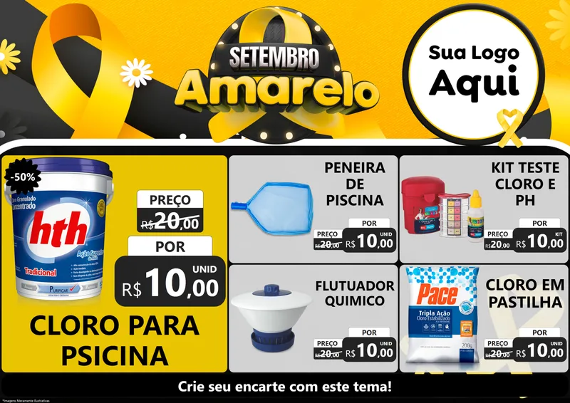 Modelo de Encarte para Encarte A4 Horizontal com o tema Setembro Amarelo para Produtos para Piscina