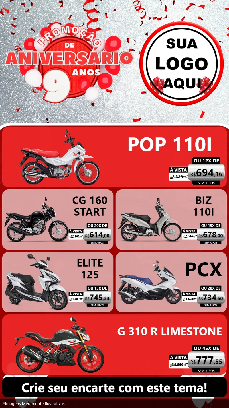 Modelo de TV para TV Vertical com o tema Promoção de Aniversário - 9 Anos para Concessionaria de Motos