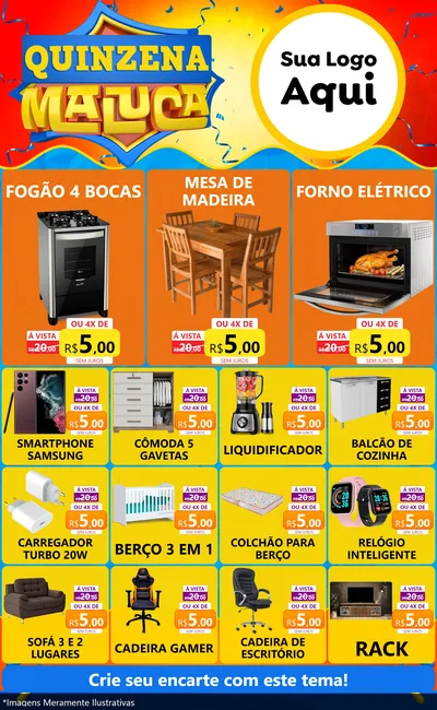 Modelo de Encarte para Encarte Grande com o tema Quinzena Maluca para Móveis e Eletro