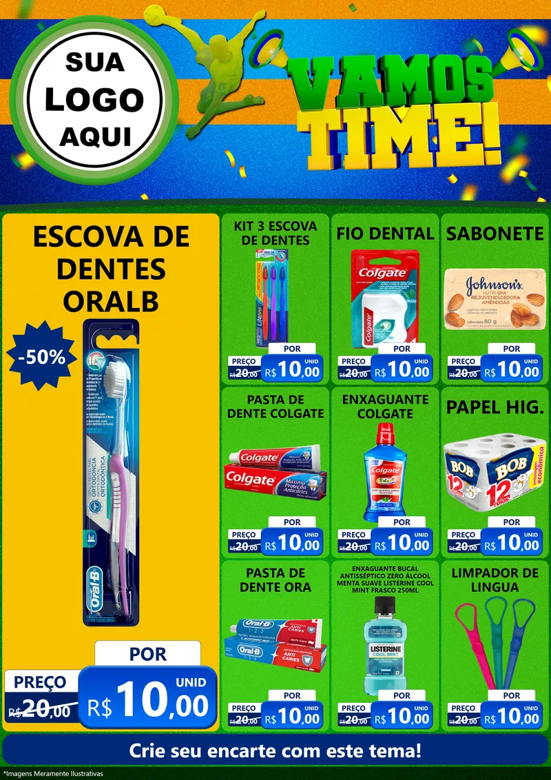 Modelo de Encarte para Encarte A4 Vertical com o tema Vamos Time! para Higiene Pessoal