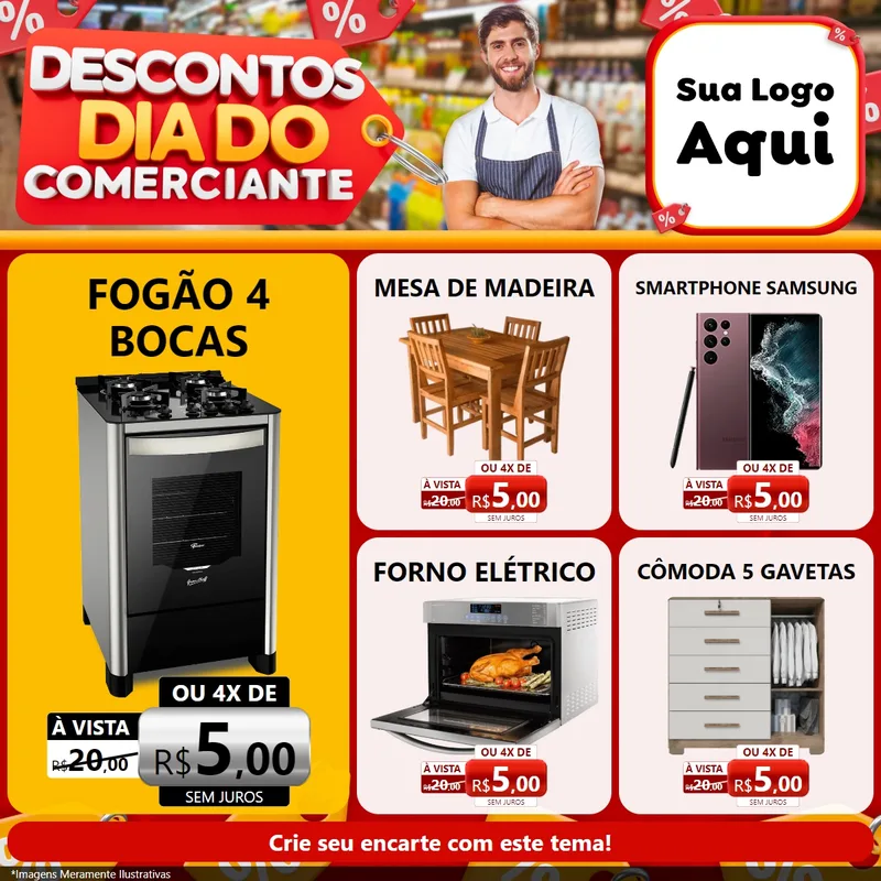 Modelo de Rede Social para Feed Facebook com o tema Descontos Dia do Comerciante para Móveis e Eletro