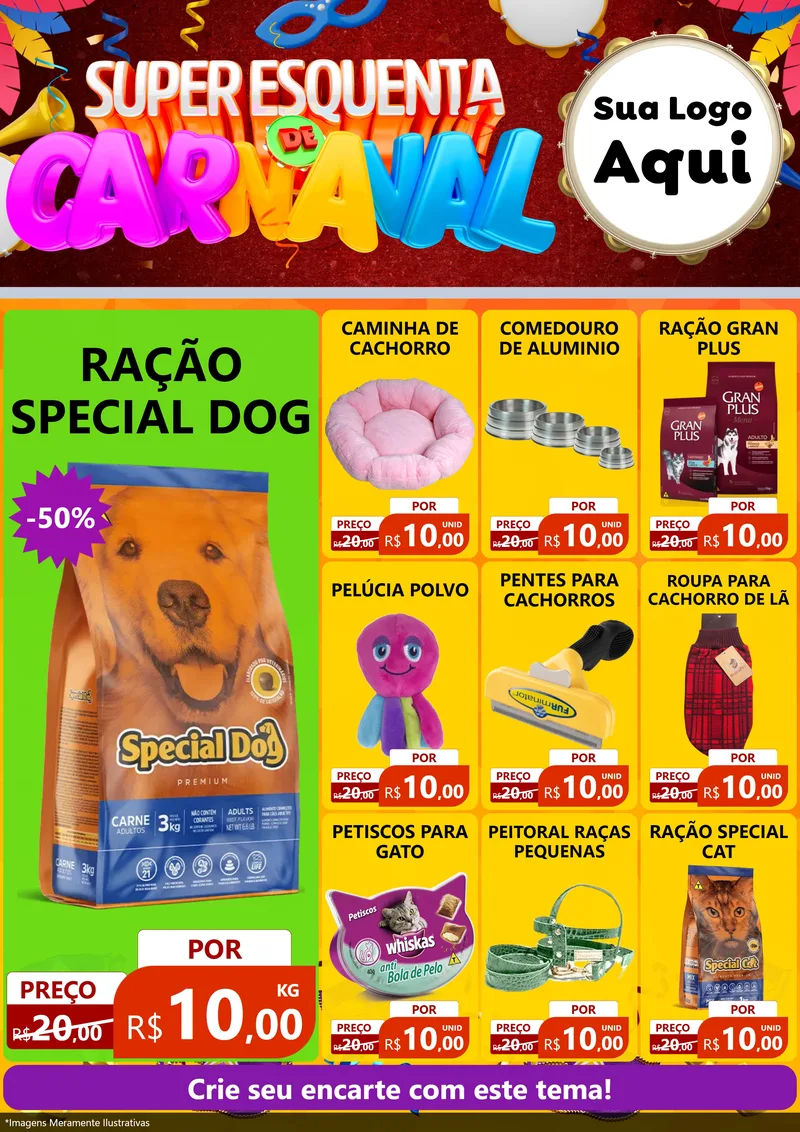Modelo de Encarte para Encarte A4 Vertical com o tema Super Esquenta de Carnaval para Pet Shop