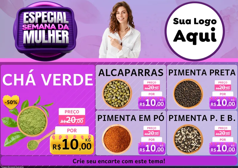 Modelo de Encarte para Encarte A4 Horizontal com o tema Especial Semana da Mulher para Produtos Naturais
