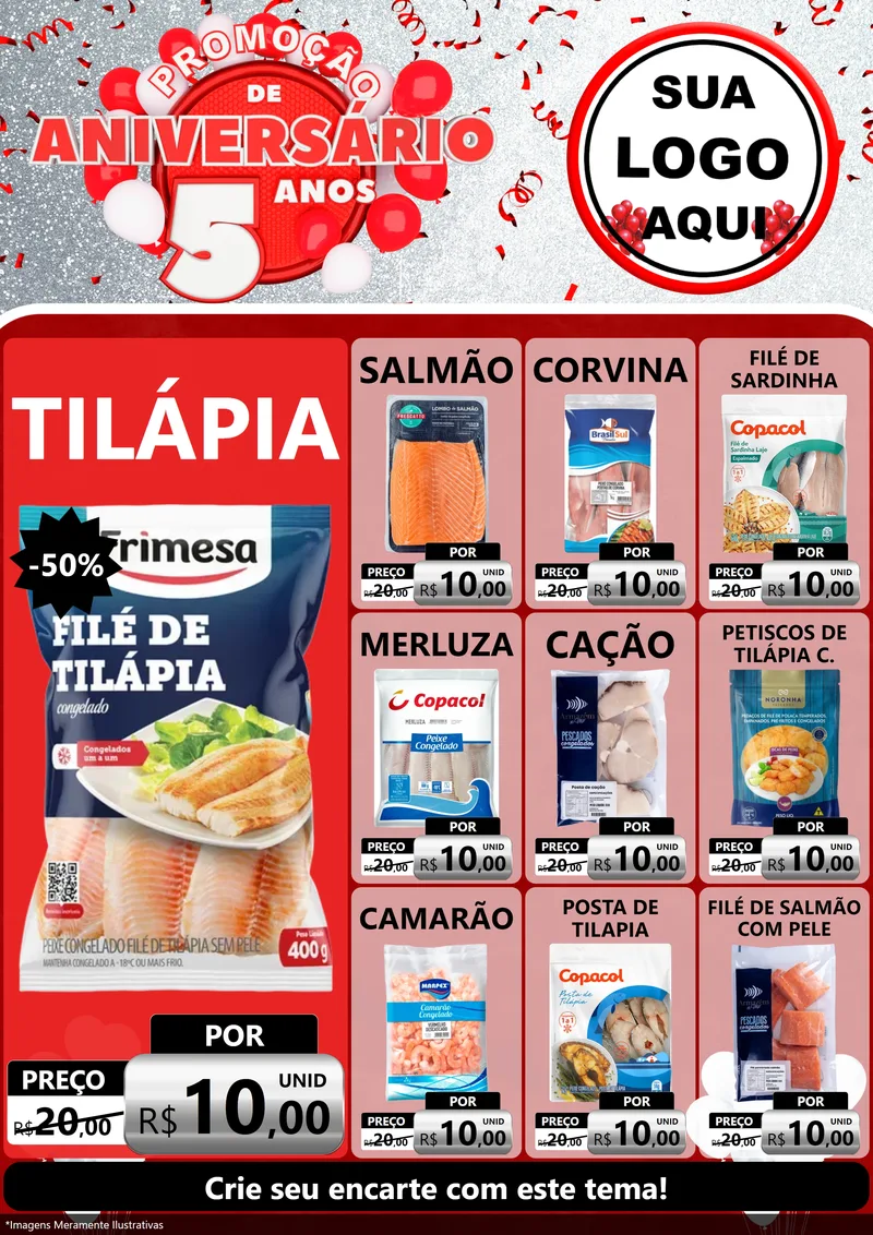Modelo de Encarte para Encarte A4 Vertical com o tema Promoção de Aniversário - 5 Anos para Peixaria