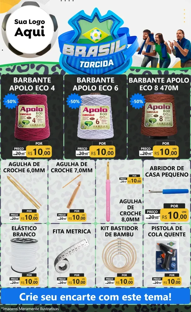 Modelo de Encarte para Encarte Grande com o tema Brasil Torcida - Copa para Armarinho e Aviamentos