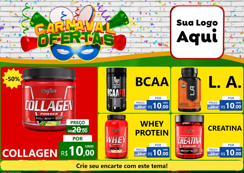 Modelo de Encarte para Encarte A4 Horizontal com o tema Carnaval de Ofertas para Suplementos alimentares
