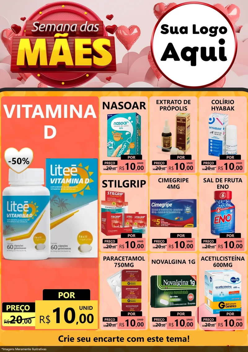 Modelo de Encarte para Encarte A4 Vertical com o tema Semana das Mães para Farmácia