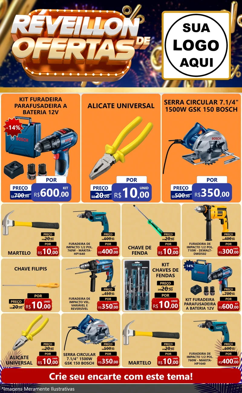 Modelo de Encarte para Encarte Grande com o tema Réveillon de Ofertas para Maquinas e Ferramentas