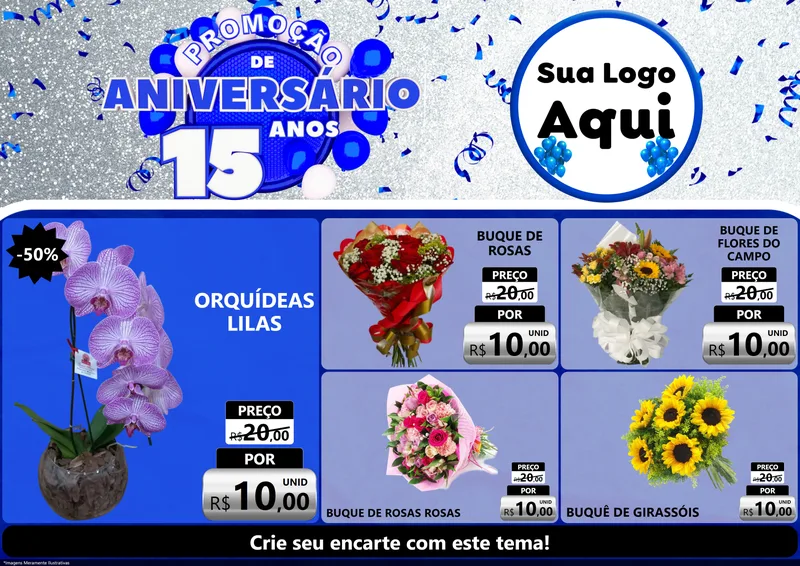 Modelo de Encarte para Encarte A4 Horizontal com o tema Promoção de Aniversário - 15 Anos para Floricultura e jardim