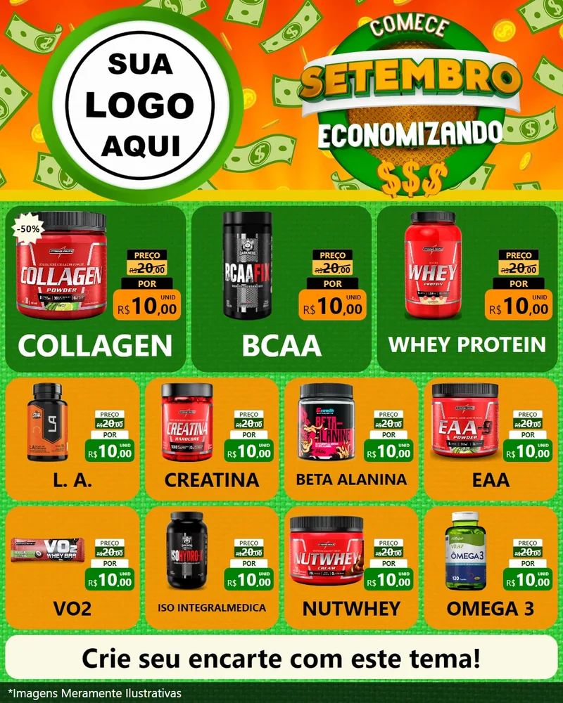 Modelo de Rede Social para Feed Instagram com o tema Comece Setembro Economizando para Suplementos alimentares
