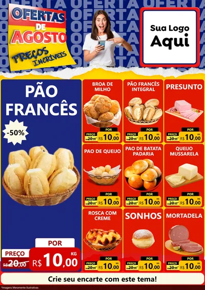 Modelo de Encarte para Encarte A4 Vertical com o tema Ofertas de Agosto - Preços Incríveis para Padaria