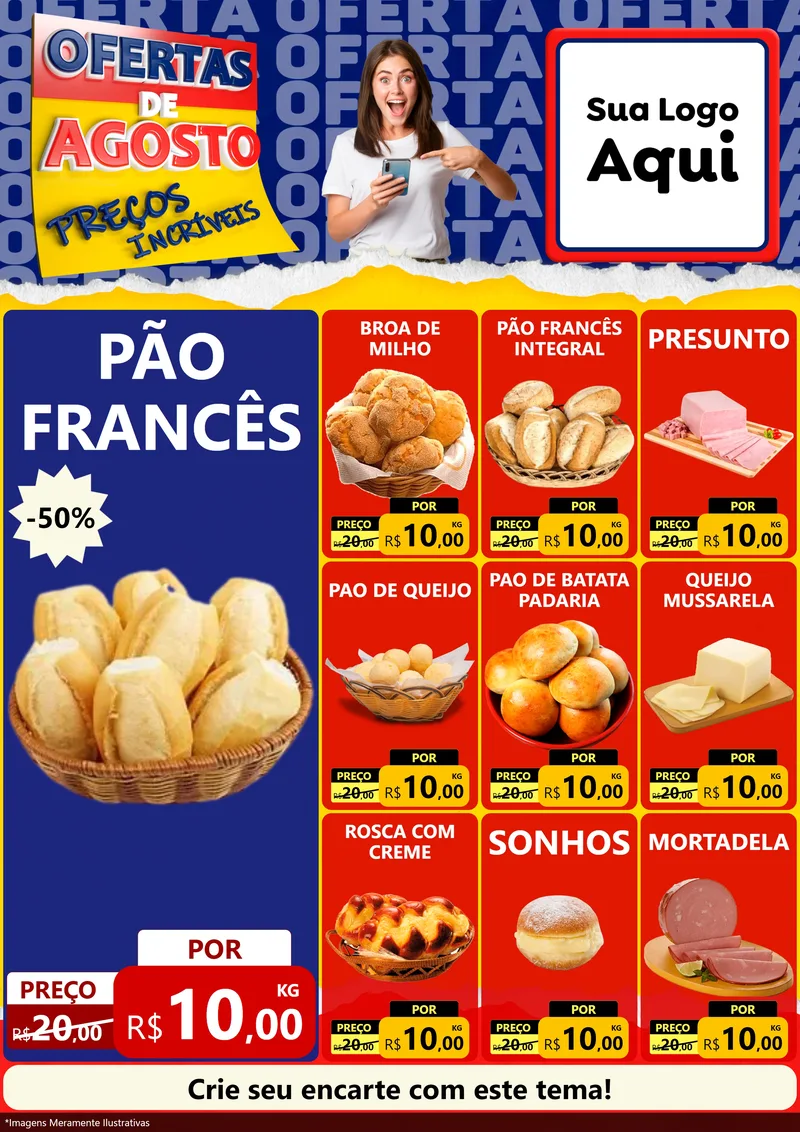 Modelo de Encarte para Encarte A4 Vertical com o tema Ofertas de Agosto - Preços Incríveis para Padaria