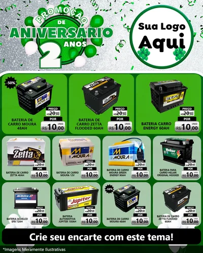 Modelo de Rede Social para Feed Instagram com o tema Promoção de Aniversário - 2 Anos para Baterias Elétricas