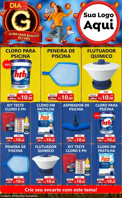 Modelo de Encarte para Encarte Grande com o tema Dia G - O Dia Mais Barato Do Mês para Produtos para Piscina