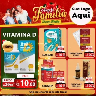 Modelo de Rede Social para Feed Facebook com o tema Alegria em Família Super Ofertas - Natal para Farmácia