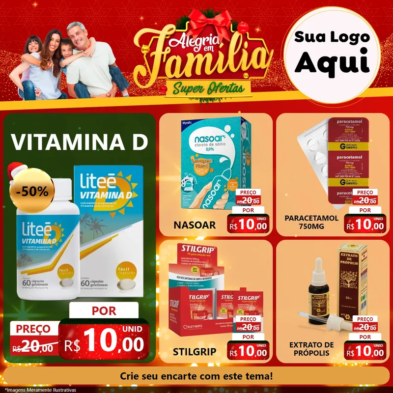 Modelo de Rede Social para Feed Facebook com o tema Alegria em Família Super Ofertas - Natal para Farmácia