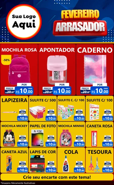 Modelo de Encarte para Encarte Grande com o tema Fevereiro Arrasador para Papelaria