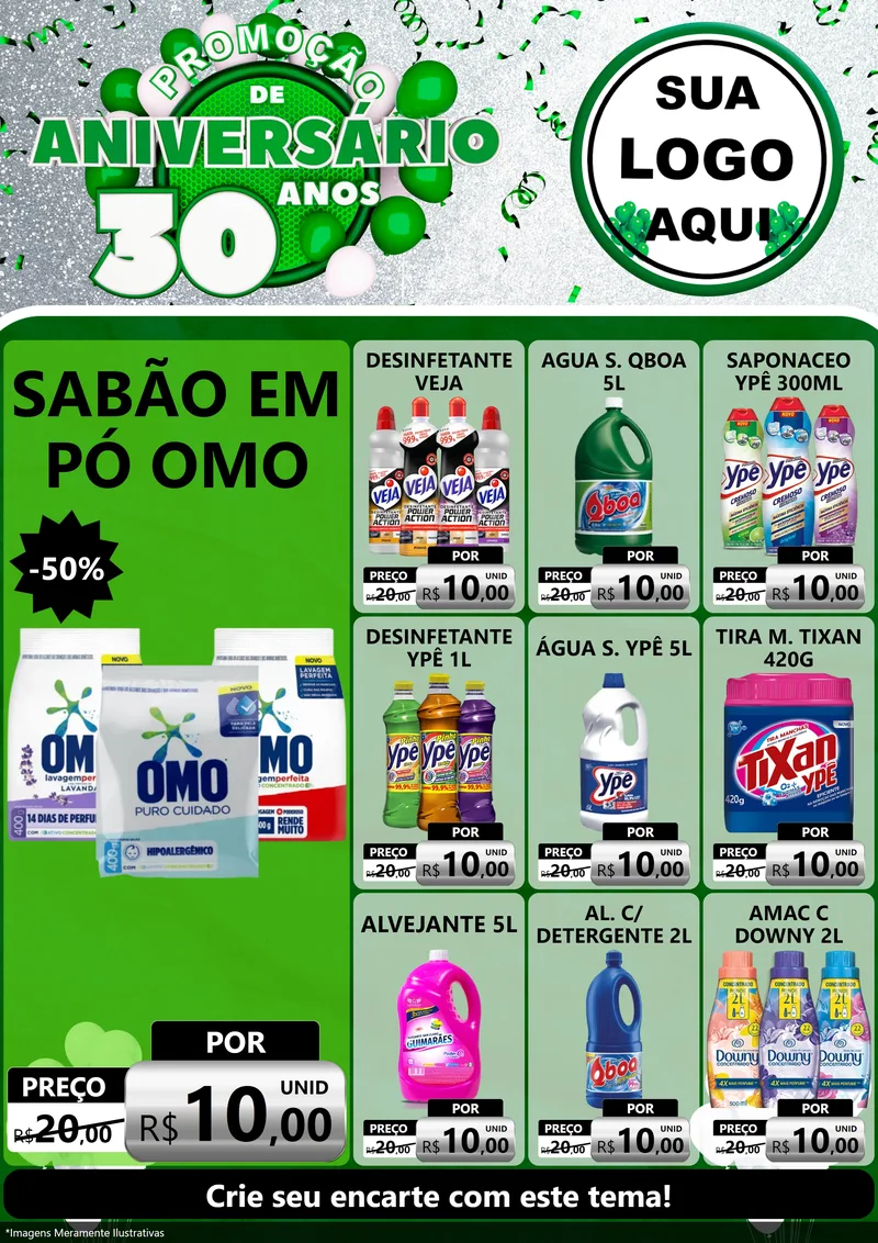Modelo de Encarte para Encarte A4 Vertical com o tema Promoção de Aniversário - 30 Anos para Produtos de Limpeza