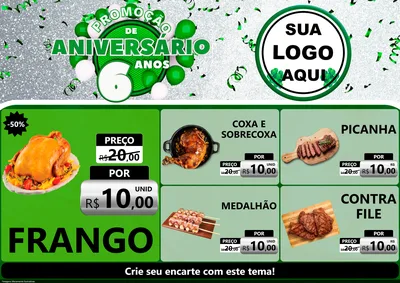 Modelo de Encarte para Encarte A4 Horizontal com o tema Promoção de Aniversário - 6 Anos para Assados