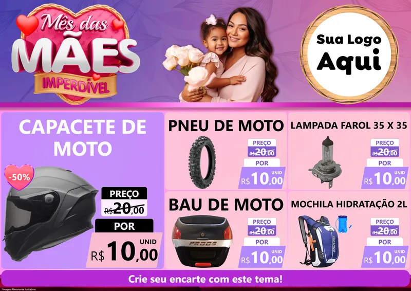 Modelo de Encarte para Encarte A4 Horizontal com o tema Mês das Mães Imperdível para Moto peças