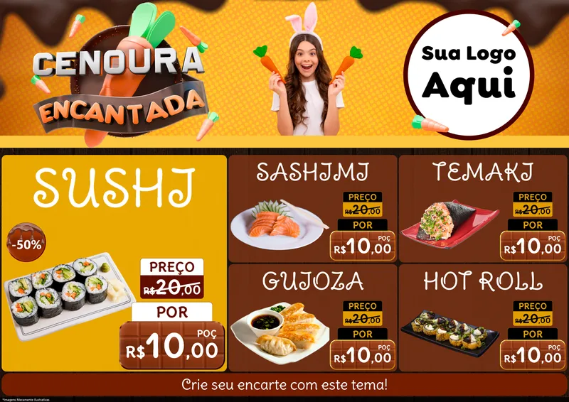 Modelo de Encarte para Encarte A4 Horizontal com o tema Cenoura Encantada - Páscoa para Comida japonesa