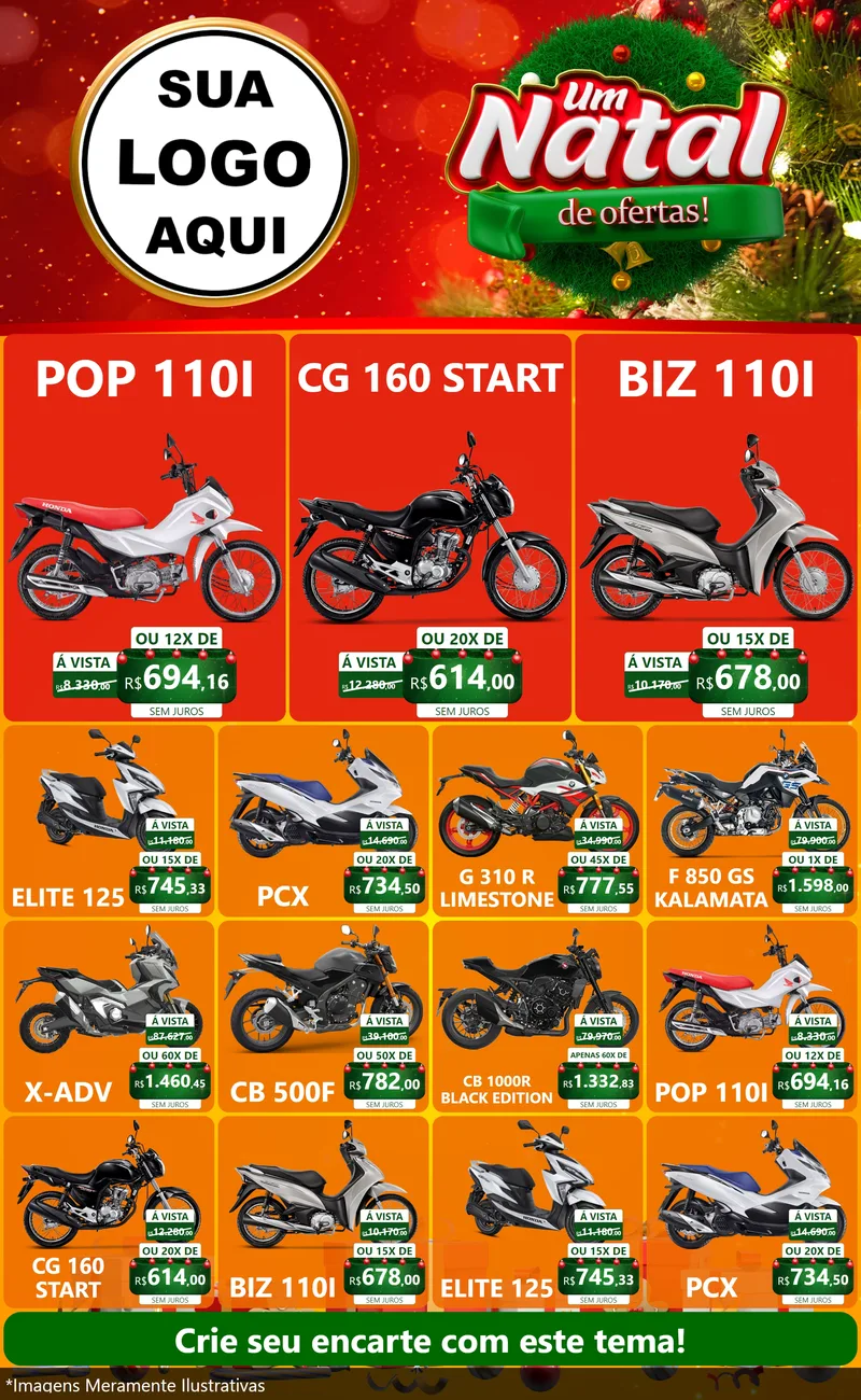 Modelo de Encarte para Encarte Grande com o tema Um Natal de Ofertas para Concessionaria de Motos