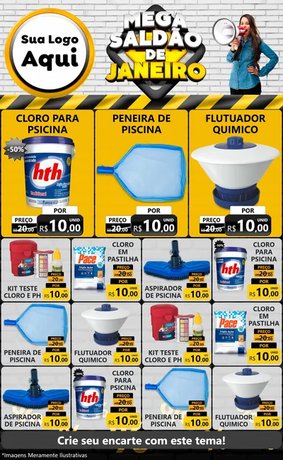 Modelo de Encarte para Encarte Grande com o tema Mega Saldão de Janeiro para Produtos para Piscina