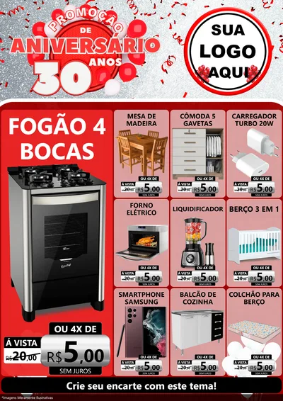 Modelo de Encarte para Encarte A4 Vertical com o tema Promoção de Aniversário - 30 Anos para Móveis e Eletro